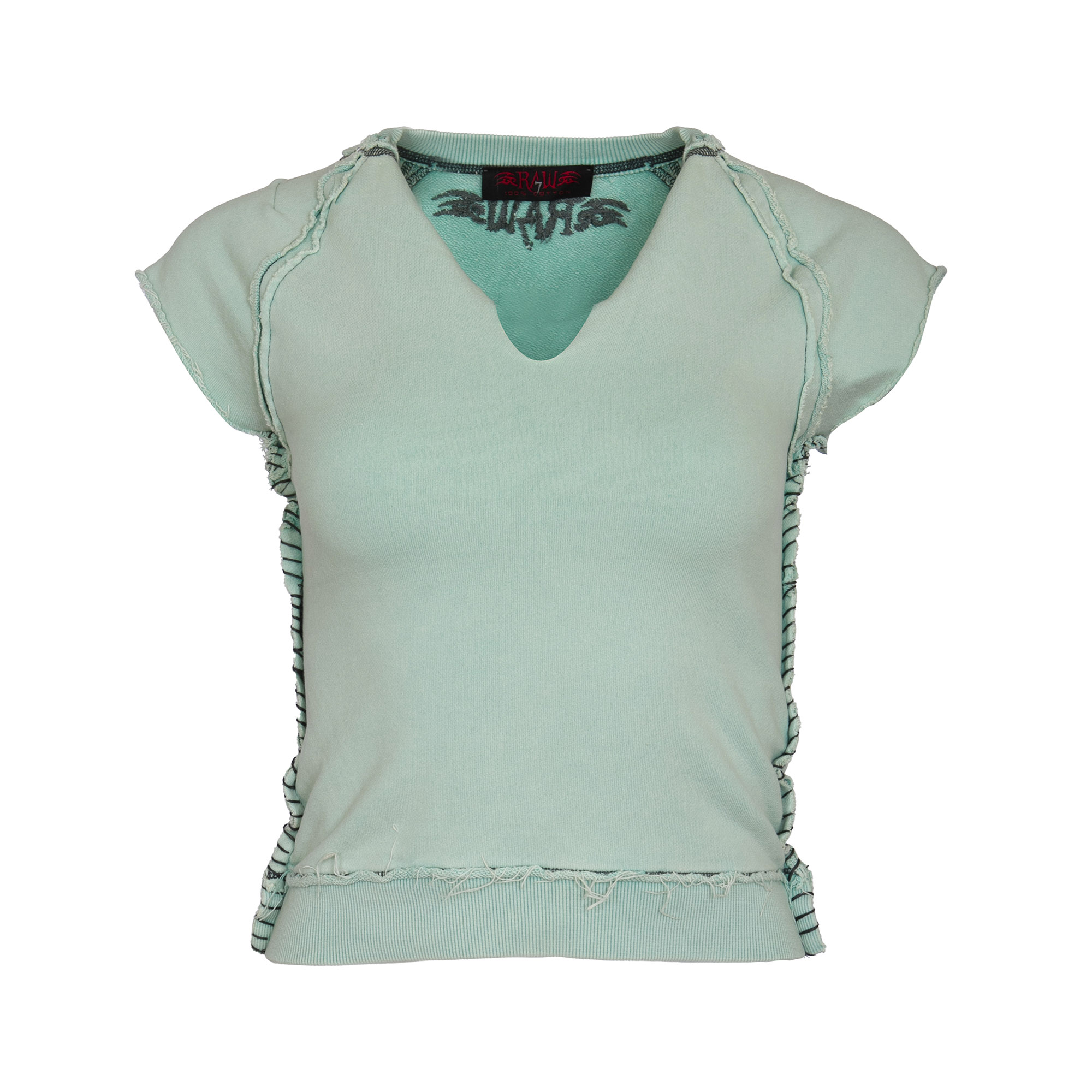 RAW 7 SWSRT102_GREEN RAW7 Women's - Cut Off V-Neck Sweatshirt Short Sleeve - Seafoam Green