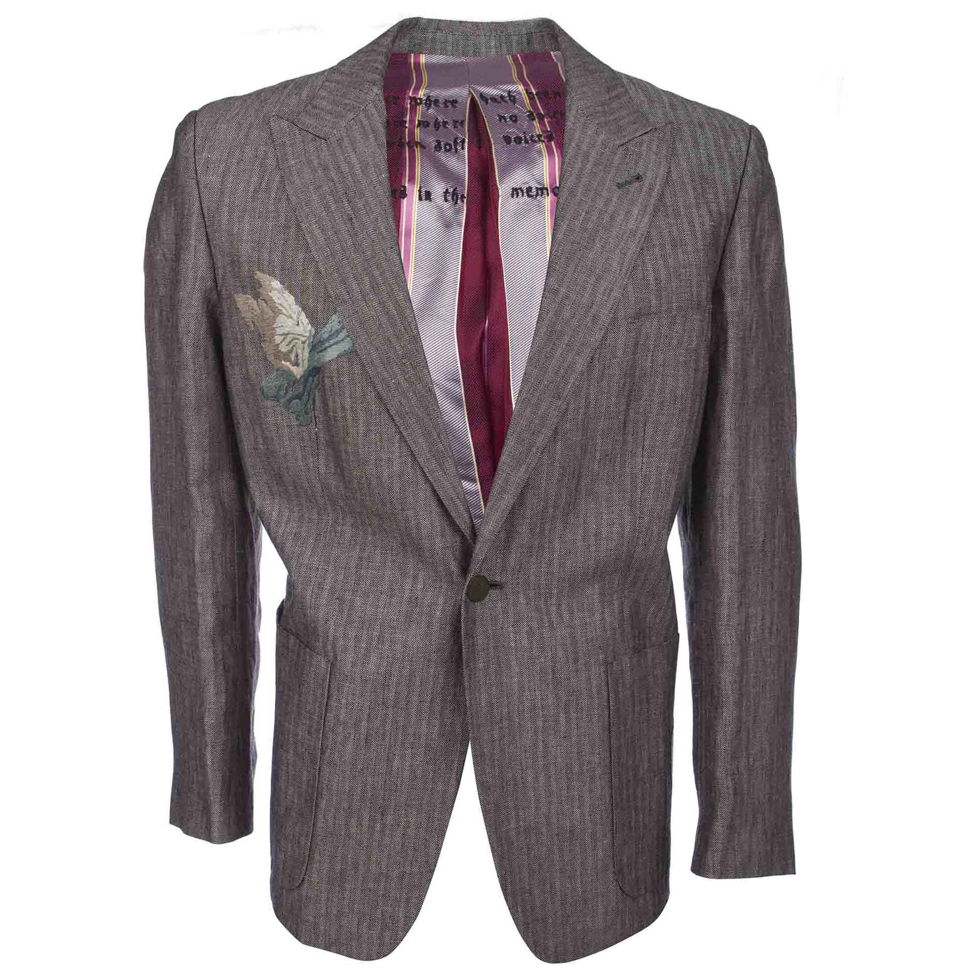 A7WJ103 Asylum by Raw7 Men's Grey Herringbone Blazer with Embroidered Detail