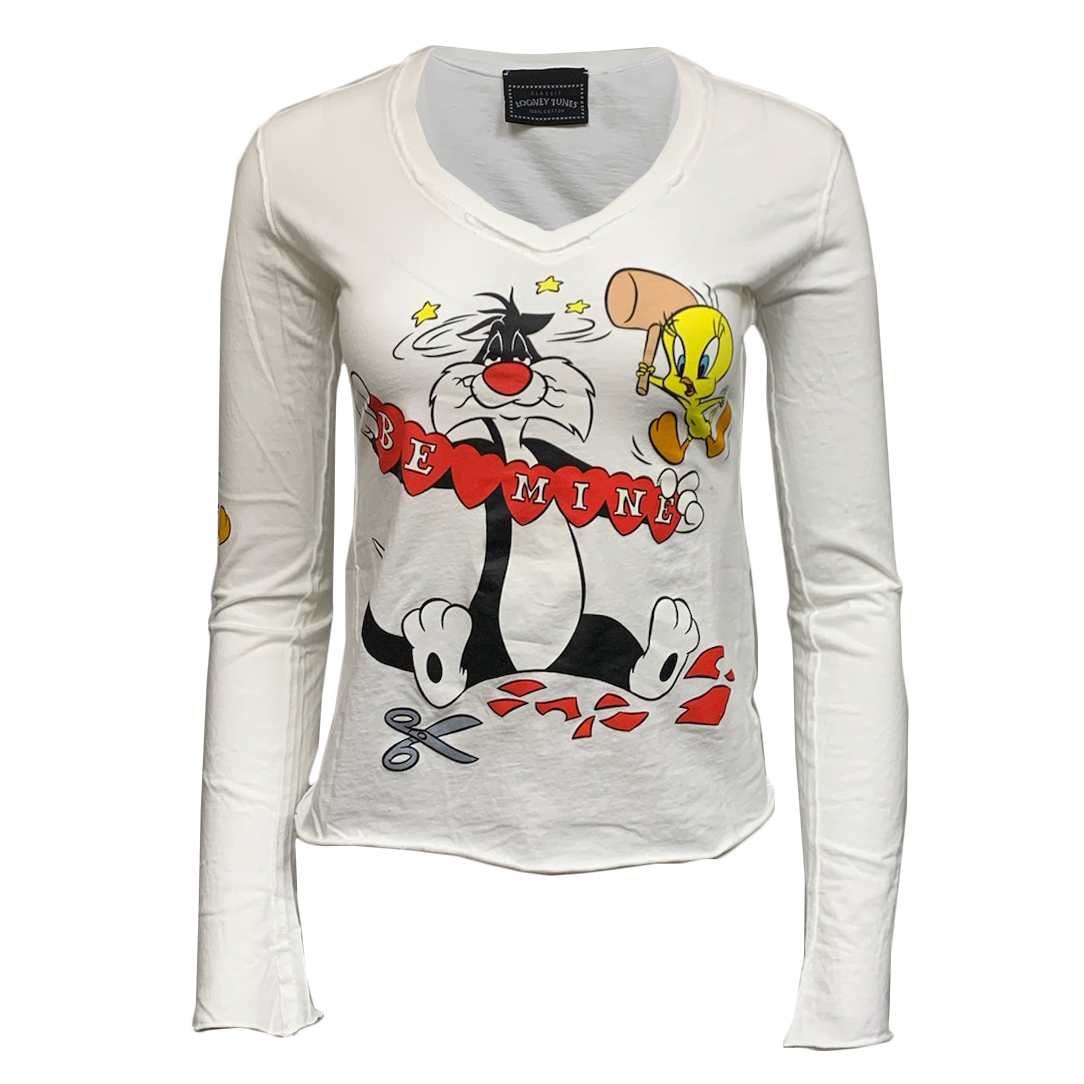 Looney Tunes PTS79-SYLVT-WHITE Looney Tunes Women's Sylvester & Tweety Long Sleeve V-Neck T-Shirt White