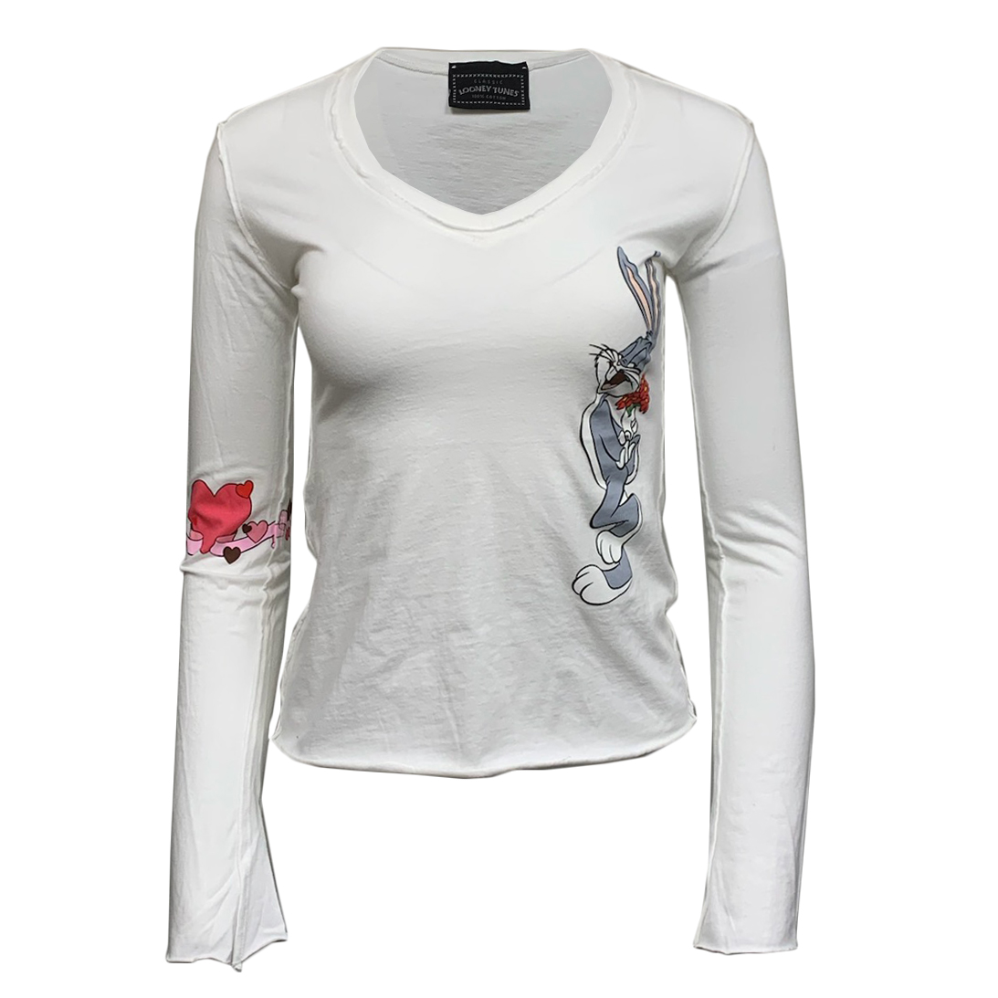 Looney Tunes PTS79-BUGSB-WHITE Looney Tunes Women's Bugs Bunny Long Sleeve V-Neck T-Shirt White