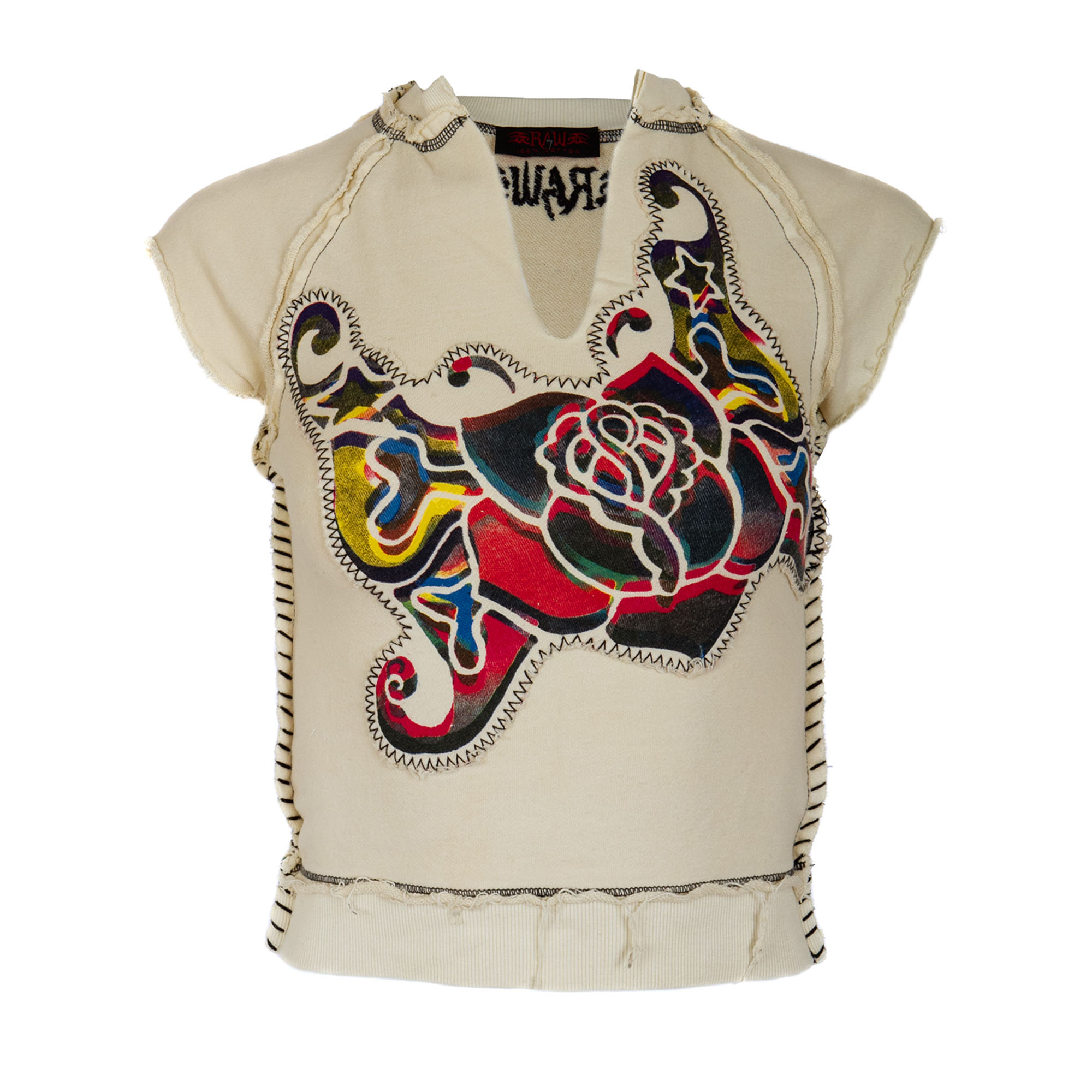 RAW 7 SWSRT102_BEIGE_ROSEWING RAW7 Women's Beige Cut Off V-Neck Sweatshirt Short Sleeved - Winged Rose Theme