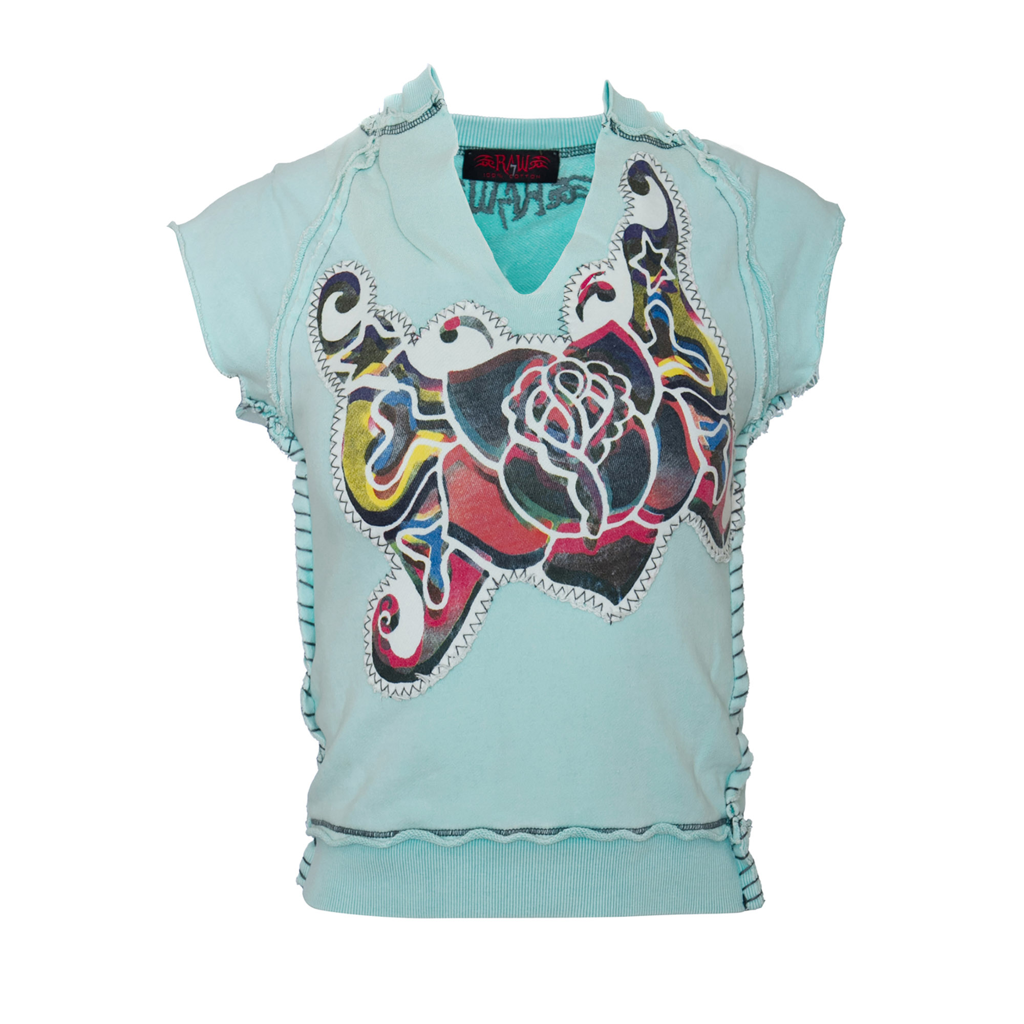 RAW 7 SWSRT102_LAGGON_ROSEWING RAW7 Women's Cut Off V-Neck Sweatshirt Short Sleeved - Winged Rose Theme