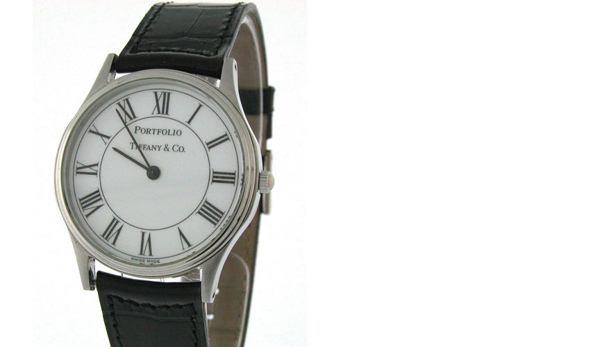 w033 Tiffany & Co Portfolio - Stainless Steel - Black Crocodile Strap/Roman Numberals - White Dial - Quartz - gem from US collector