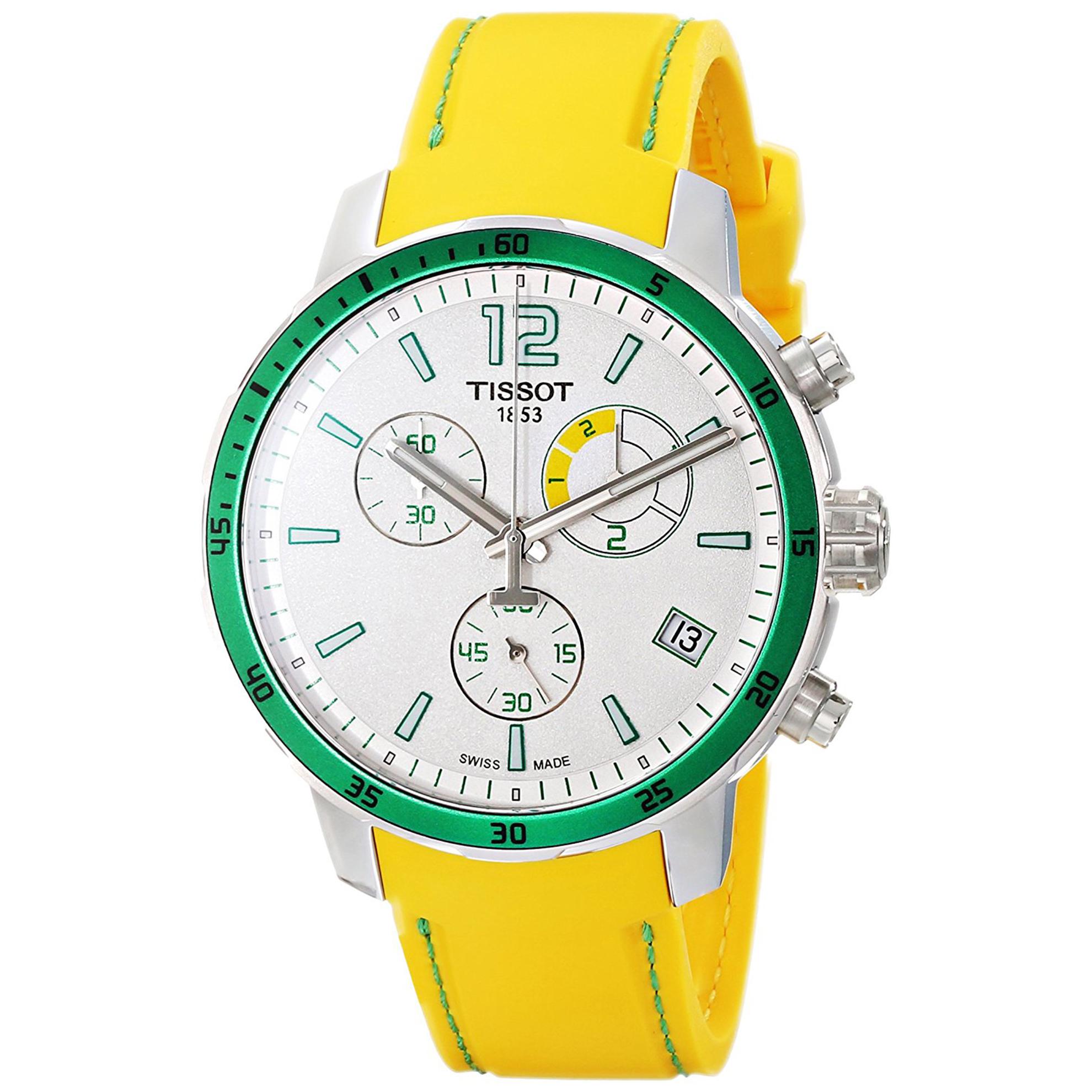 Tissot T0954491703701 Tissot Quickster Chronograph Green Bezel Silver Dial Yellow Strap